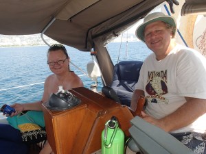 Jan and Andy at the helm of Maiatla off the coast of Mexico